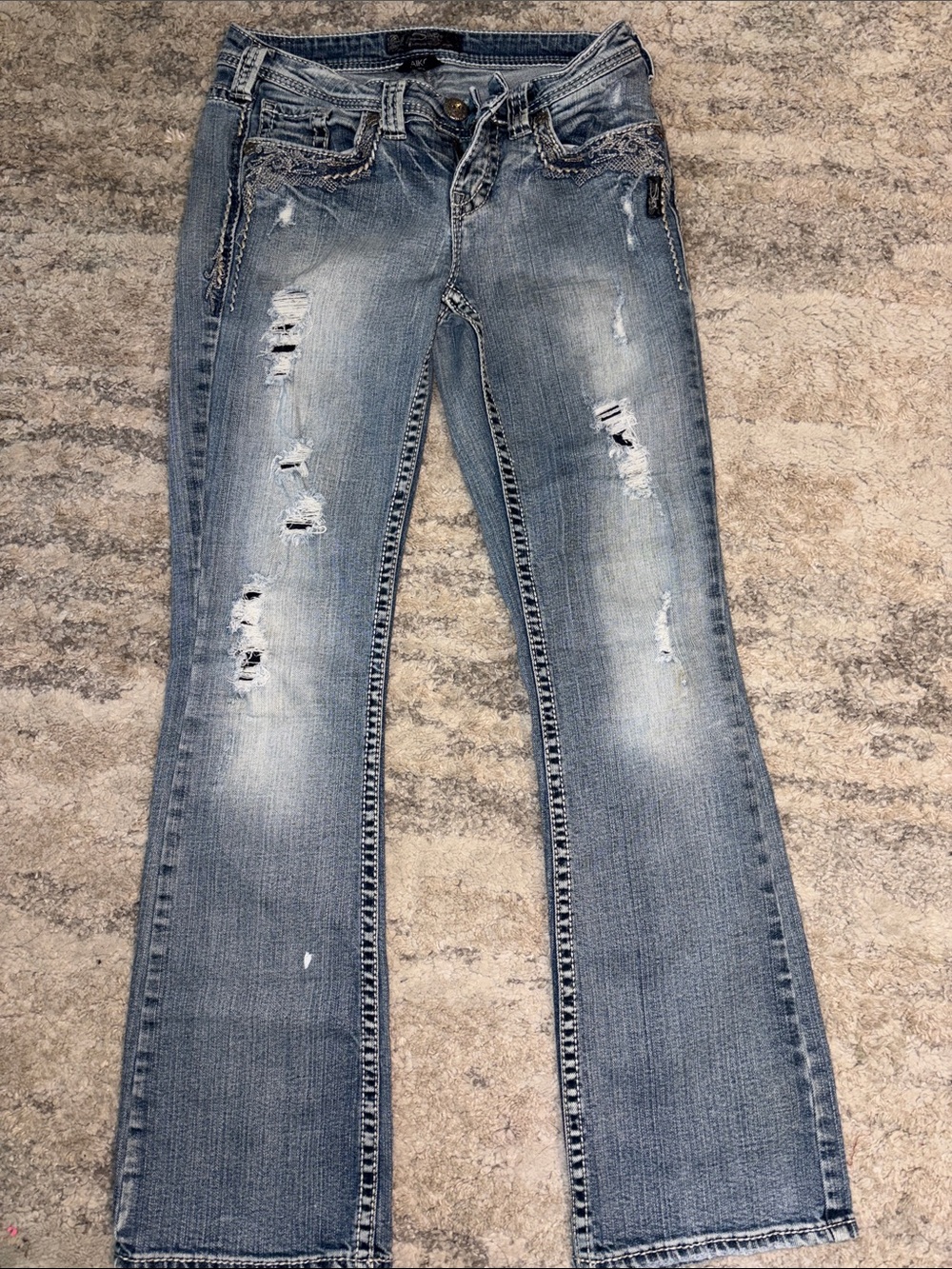 Aiko Distressed Mid Flare Jeans silver jeans size 27 waist 31 length mid bootcut